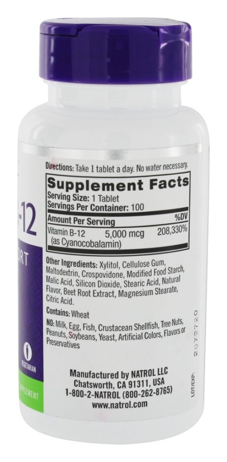 Vitamina B12 Suporte de Energia Potência Máxima com Rápida Dissolução Sabor Morango 5000 mcg. - 100 Tablet (s) Natrol - Image 2