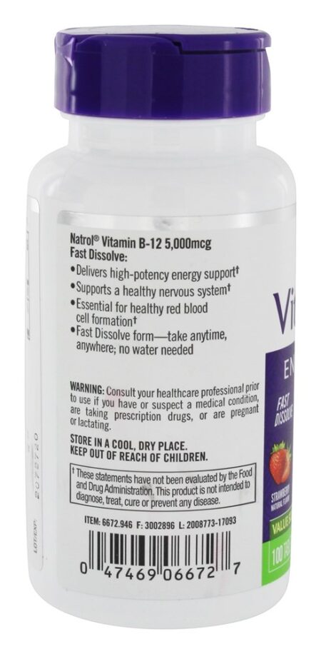 Vitamina B12 Suporte de Energia Potência Máxima com Rápida Dissolução Sabor Morango 5000 mcg. - 100 Tablet (s) Natrol - Image 3