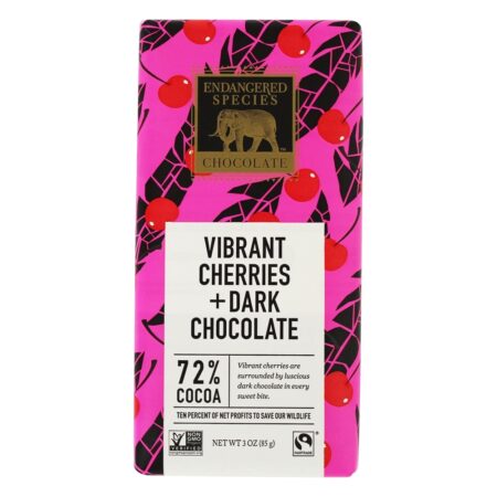 Barra de chocolate escuro 72 % Cacau Cerejas Vibrantes - 3 oz. Endangered Species