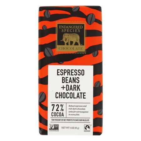 Barra de chocolate escuro 72 % de grãos de café expresso de cacau - 3 oz. Endangered Species