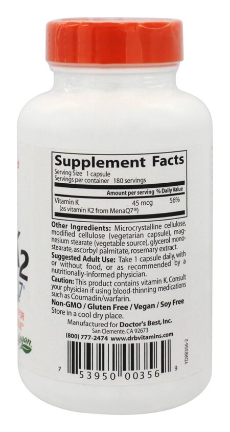 Vitamina K2 MK7 Natural com MenaQ7 45 mcg. - Cápsulas vegetarianas 180 Doctor's Best - Image 2