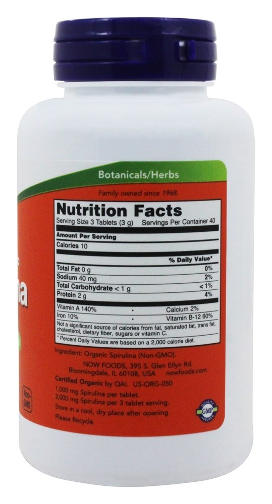 Spirulina orgânica dupla força 1000 mg . - 120 Tablets NOW Foods - Imagem 2
