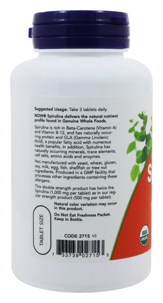 Spirulina orgânica dupla força 1000 mg . - 120 Tablets NOW Foods - Imagem 3