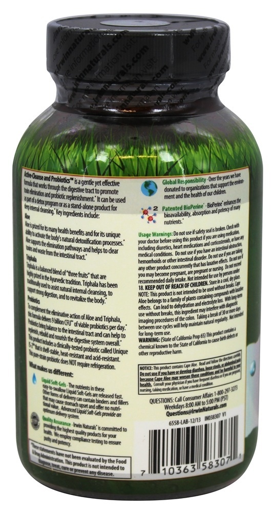 Aloés & Triphala Ativo Limpar e Probiotic - 60 Softgels Irwin Naturals - Imagem 3