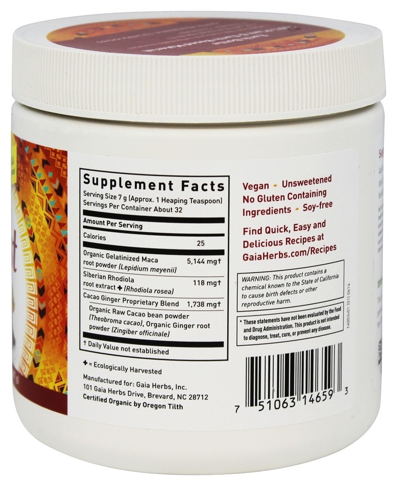 Macaboost Energize Seu Batido Real Cacau-Gengibre - 8 oz. Gaia Herbs - Imagem 2
