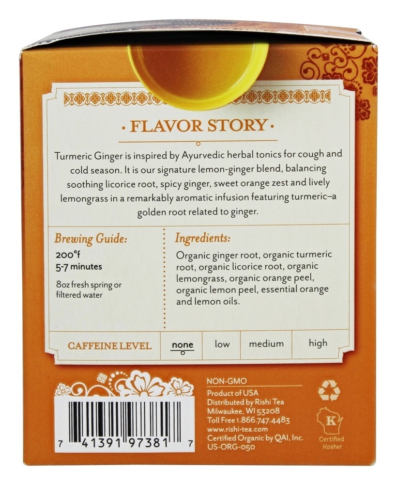 Chá de ervas orgânico Gengibre de cúrcuma sem cafeína - 15 Saquinhos de Chá Rishi Tea - Imagem 2