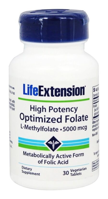 Folato Otimizado de Alta Potência L-Metilfolato 5000 mcg. - 30 Comprimidos vegetarianos Life Extension