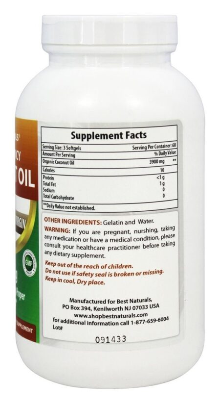 Óleo de Coco Extra Virgem Orgânico de Alta Potência 1300 mg. - 180 Softgels Best Naturals - Image 2