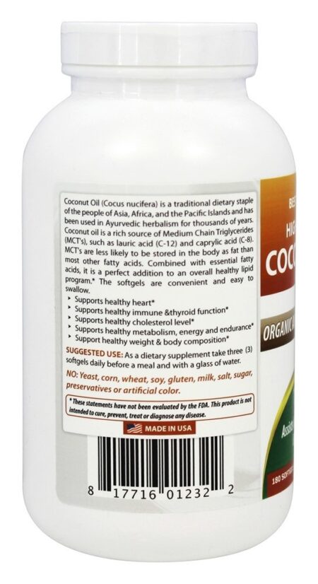 Óleo de Coco Extra Virgem Orgânico de Alta Potência 1300 mg. - 180 Softgels Best Naturals - Image 3