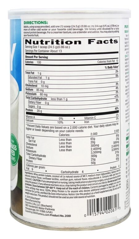 100% Soro de leite coalhado Açúcar Livre Proteína Coco - 11.2 oz. BioChem - Image 2