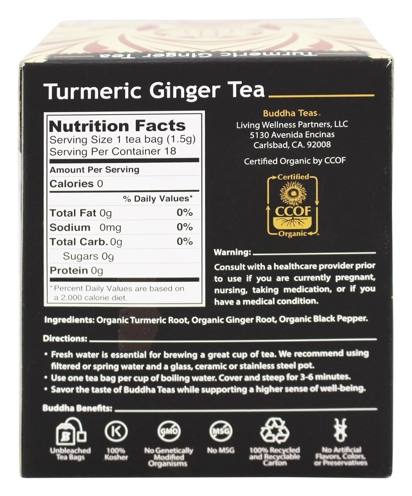 100 % Orgânica Herbal Açafrão Ginger Tea - 18 Saquinhos de Chá Buddha Teas - Imagem 2