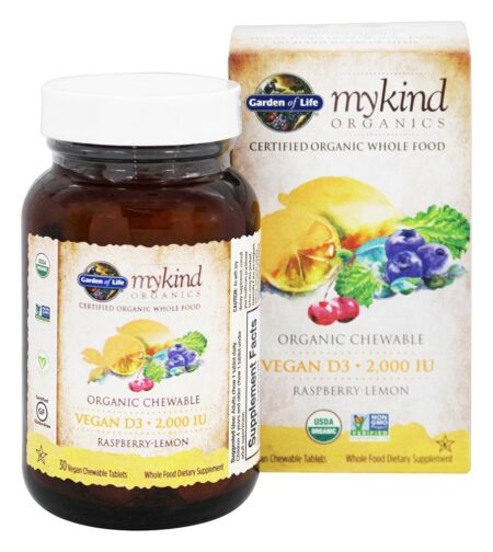 mykind Organics Vitamina D3 Vegana Orgânica 2000 UI Sabor Framboesa & Limão - 30 comprimidos mastigáveis Garden of Life