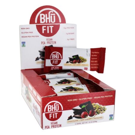 Barra de proteína de ervilha vegan Chocolate + Torta de cereja + pistache - 12 Barras Bhu Fit