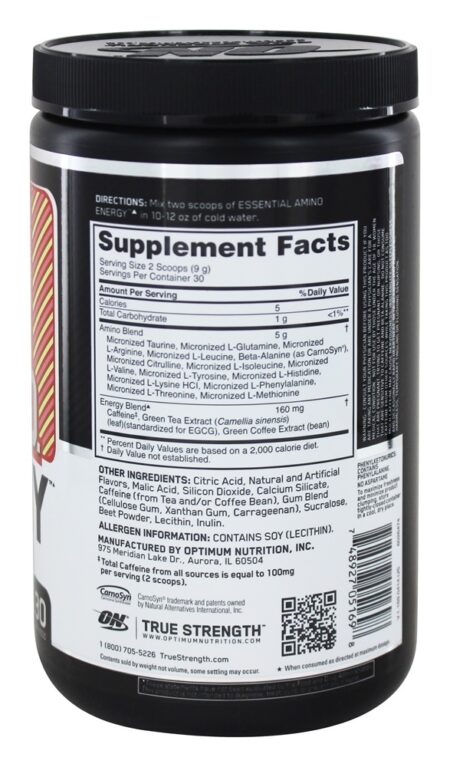 AmiN.O Essencial. Cal Morango de Energia - 9.5 oz. Optimum Nutrition - Image 2