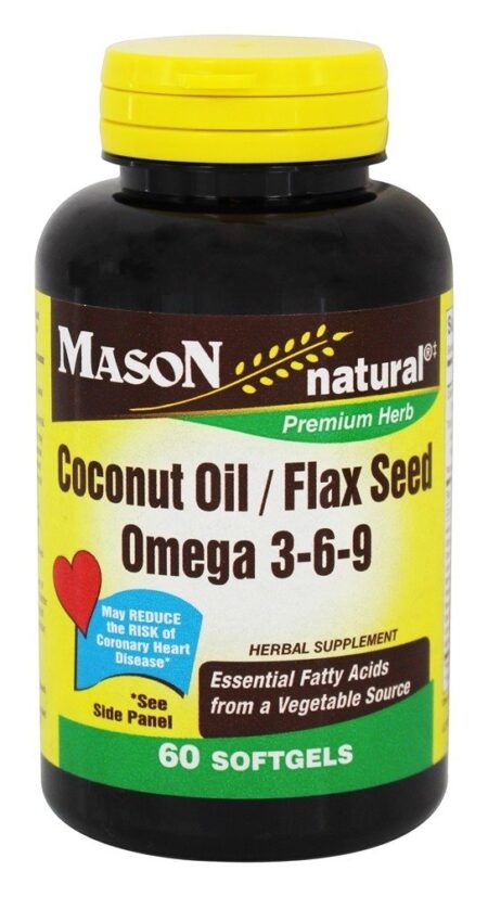 Óleo de coco / semente de linho / Omega 3 - 6 - 9 - 60 Softgels Mason Natural