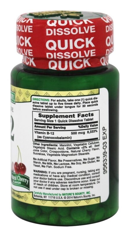 Vitamina B12 Sabor Natural de Cereja 500 mcg. - 100 Tablets de dissolução rápida Nature's Bounty - Image 2