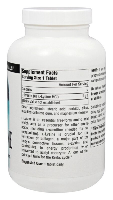 L-Lisina Forma Livre 1000 mg. - 200 Tablets Source Naturals - Image 2