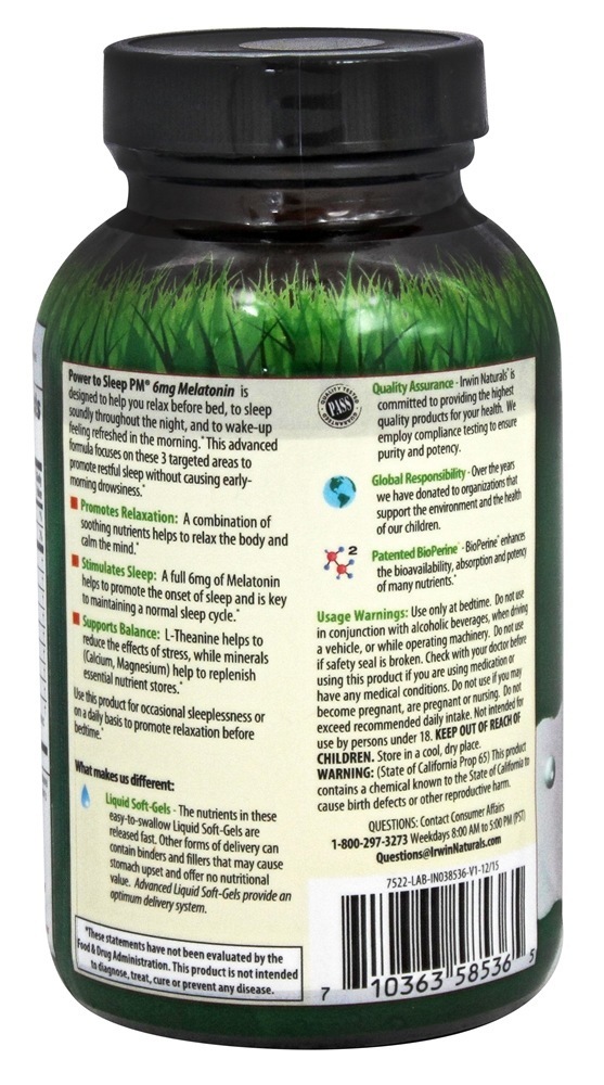 Poder para dormir Melatonina PM 6 mg. - 60 Softgels Irwin Naturals - Imagem 3