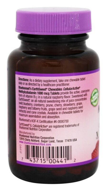 EarthSweet Chewables Metilcobalamina Sabor Natural de Framboesa 1000 mcg. - 60 comprimidos mastigáveis Bluebonnet Nutrition - Image 3