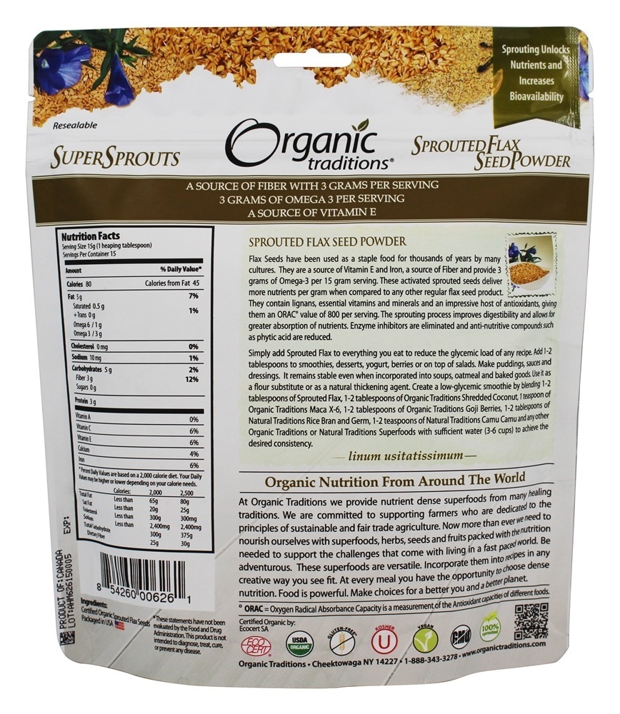 Pó de semente de linho brotado - 8 oz. Organic Traditions - Imagem 2