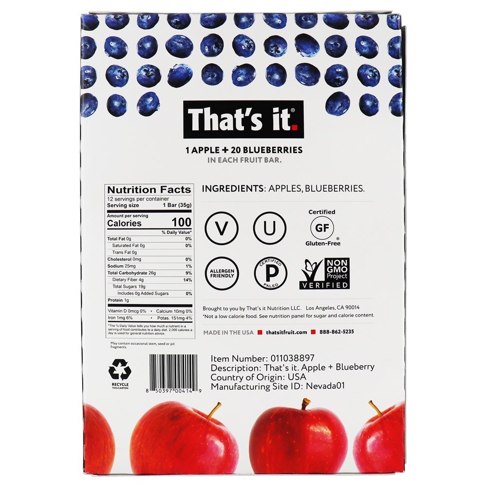 Barra de frutas caixa de maçã + mirtilos - 12 Barras That's It - Imagem 2