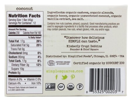 Nozes Orgânicas Sem Glúten e Barras de Nutrição de Mel Caixa Coco - 12 Barras Simple Squares - Image 2