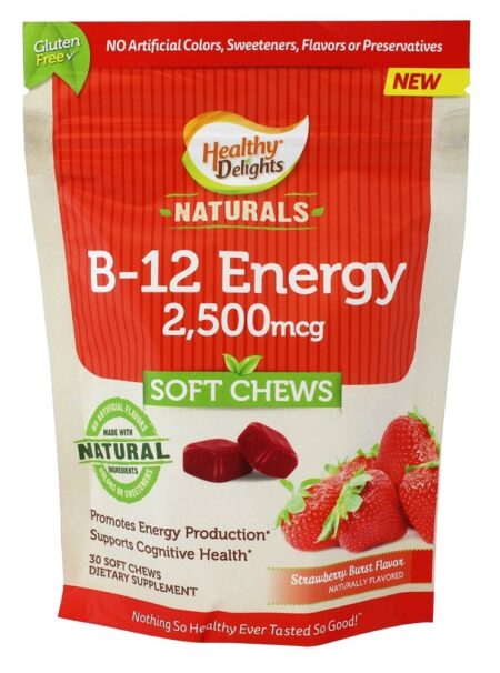 Energia B-12 Sem Glúten Sabor Morango 2500 mcg. - 30 mastigação suave Healthy Delights