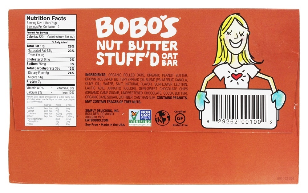 Manteiga De Amendoim Stuff'd Caixa De Barras De Aveia Manteiga De Amendoim Cheia De Gotas De Chocolate - 12 Barras Bobo's Oat Bars - Imagem 2