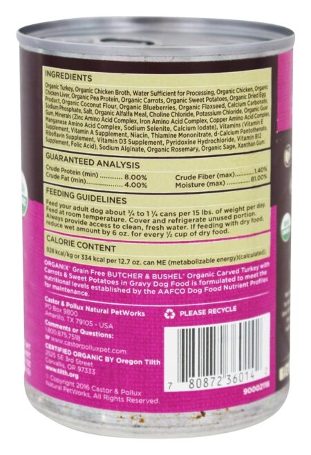 Organix Açougueiro & Alqueire Cão Comida Esculpido Peru Jantar - 12.7 oz. Castor & Pollux - Image 2