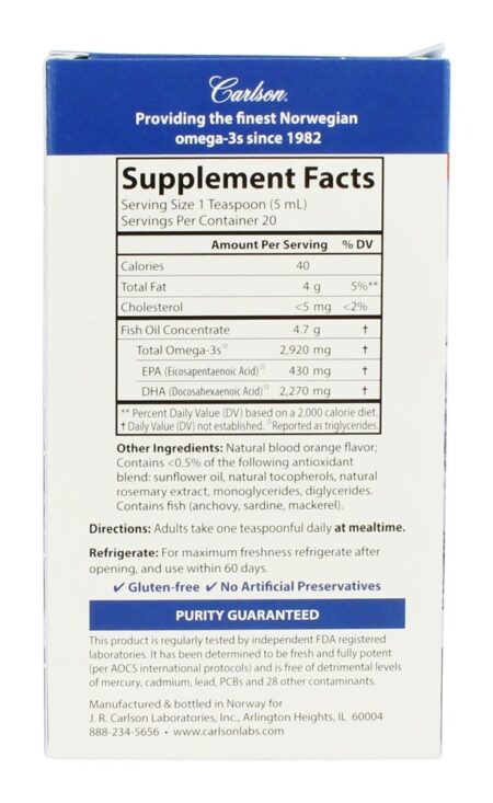 Elite DHA Concentrado de óleo de peixe norueguês Sabor de laranja natural 2270 mg. - 3.3 fl. oz. Carlson Labs - Image 2