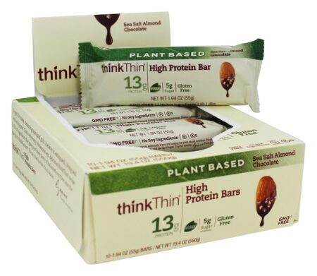 thinkthin Planta Baseado Alto Proteína Barras Caixa Mar Sal Amêndoa Chocolate - 10 Barras Think Products