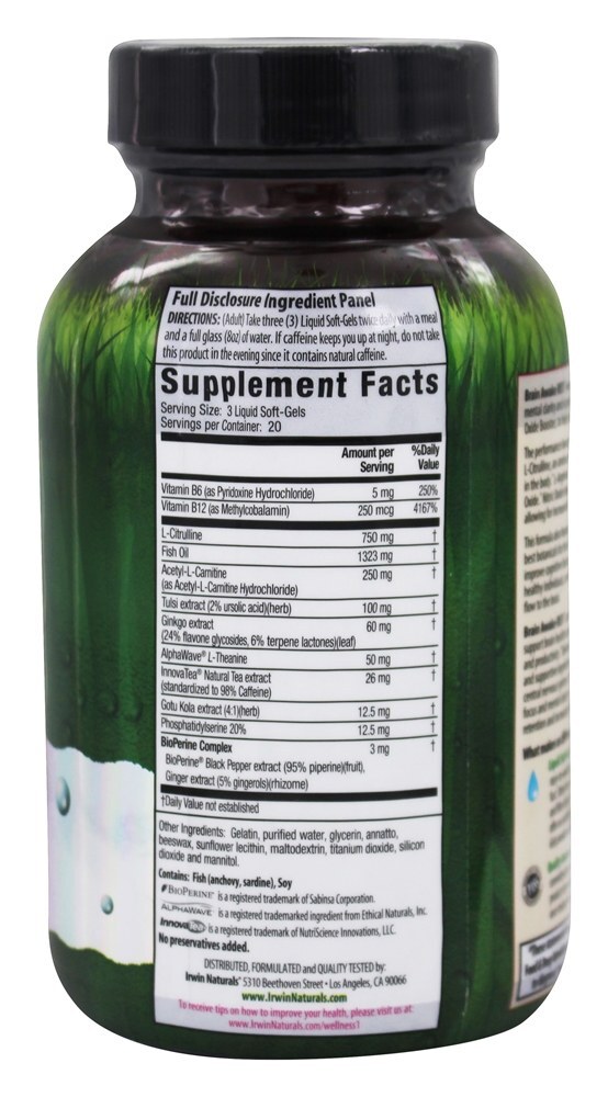 Brain Awake RED com Óxido Nítrico - 60 Softgels líquidos Irwin Naturals - Imagem 2