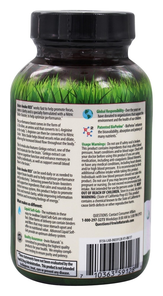 Brain Awake RED com Óxido Nítrico - 60 Softgels líquidos Irwin Naturals - Imagem 3