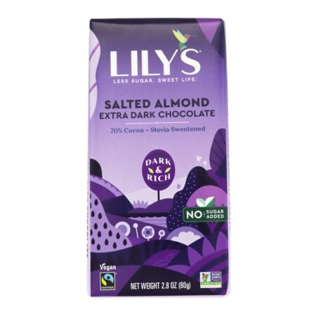 Barra de chocolate extra escura 70 % amêndoa salgada com cacau - 2.8 oz. Lily's