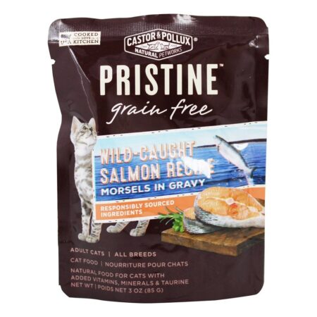 Pedaços de comida de gato molhado livre grão puro no molho Receita de salmão selvagem pegou - 3 oz. Castor & Pollux