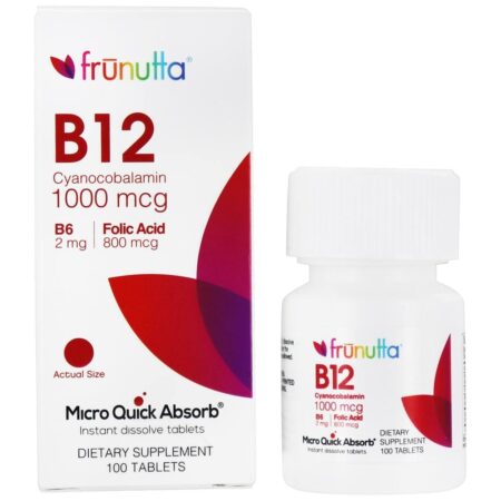 Vitamina B12 Cianocobalamina com B6 e Ácido Fólico 1000 mcg. - 100 Tablets de dissolução rápida Frunutta