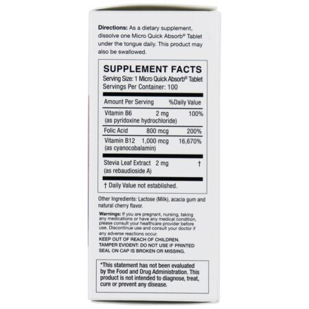 Vitamina B12 Cianocobalamina com B6 e Ácido Fólico 1000 mcg. - 100 Tablets de dissolução rápida Frunutta - Image 3