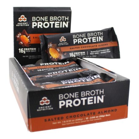 Bone Broth Superfood Protein Barras Caixa Salgados Chocolate Amêndoa - 12 Barras Ancient Nutrition