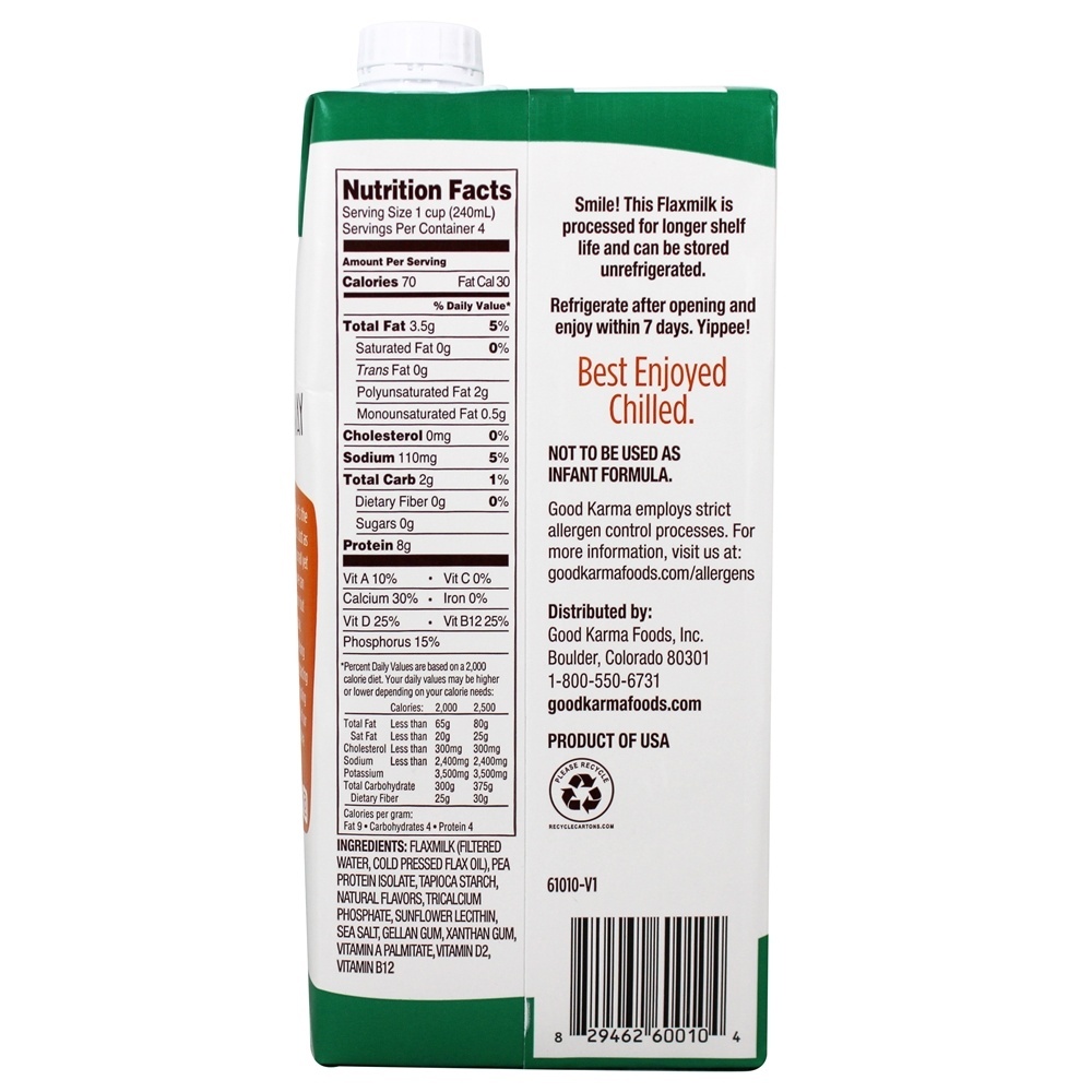 Leite de linho com Omega - 3 + Proteína sem açúcar - 32 fl. oz. Good Karma - Imagem 2