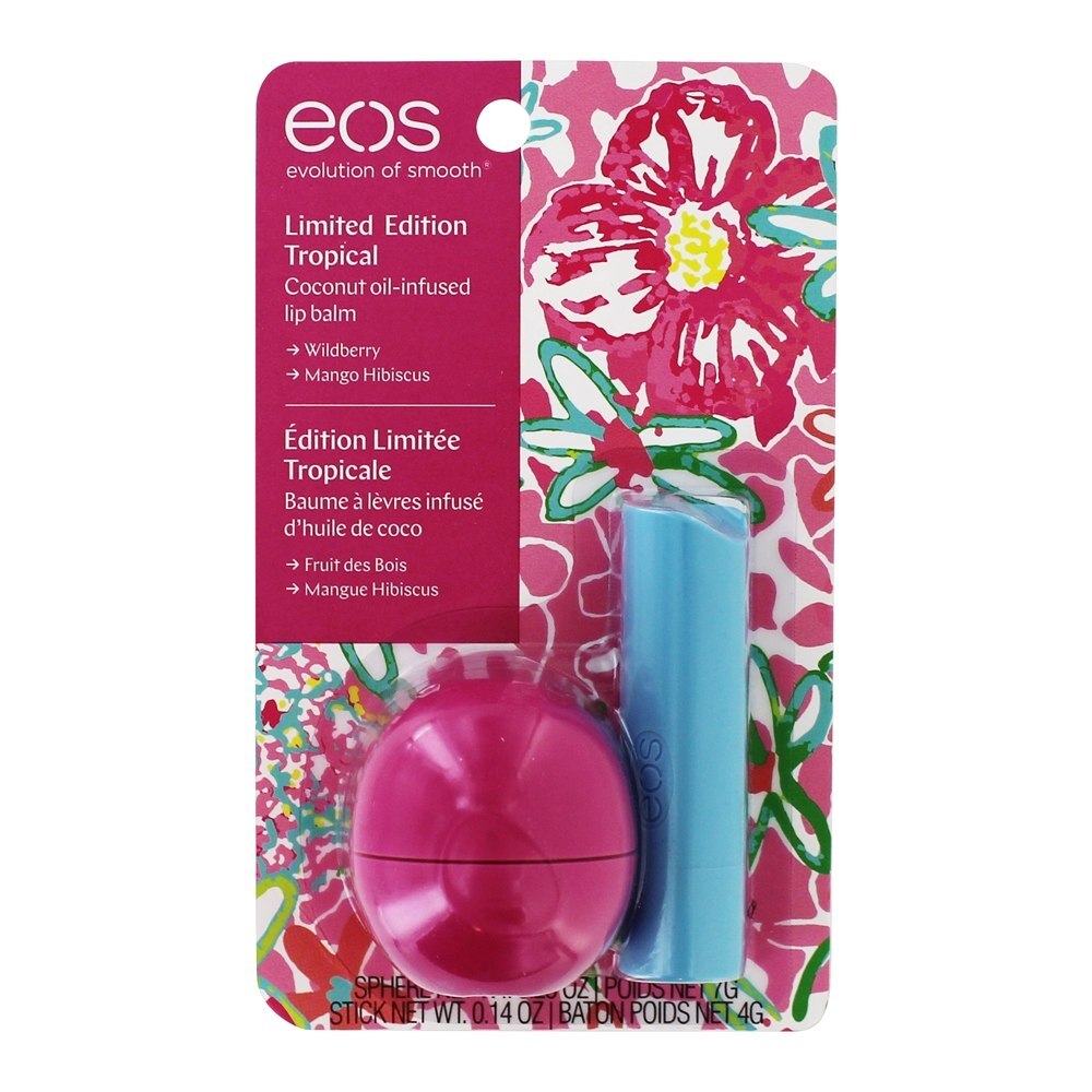 Óleo de coco infundido Stick & Sphere Tropical Lip Balm Combo Pack Manga Hibisco & Wildberry - 2 Edição limitada de contagem EOS Evolution of Smooth
