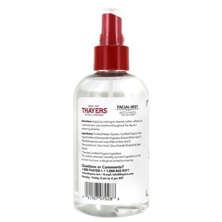 Witch Hazel sem álcool Facial Mist Toner com Aloe Vera Formula Unscented - 8 fl. oz. Thayers - Image 2