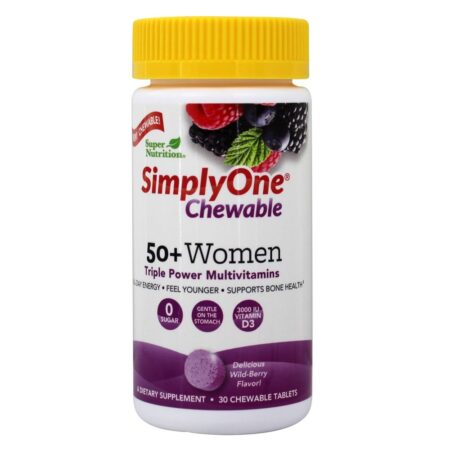 Simplesmente um mastigável 50 + Mulheres Triplo Poder Multivitaminas Wild-Berry - 30 comprimidos mastigáveis Super Nutrition