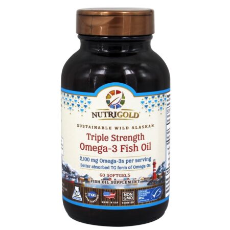 Omega - 3 Óleo de Peixe Selvagem do Alasca Sustentável Tripla Força 2100 mg. - 60 Softgels Nutrigold