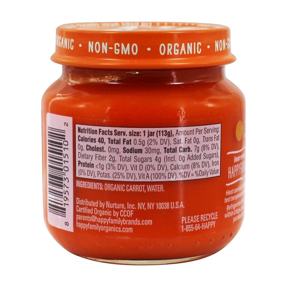 Bebê feliz orgânico claro crafted comida de bebê fase 1 cenouras - 4 oz. Happy Family - Imagem 2