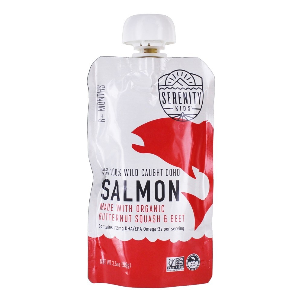 Comida para Bebé 6 + Meses de Salmão Selvagem Apanhados com Abóbora Butternut Orgânica & Beterraba - 3.5 oz. Serenity Kids