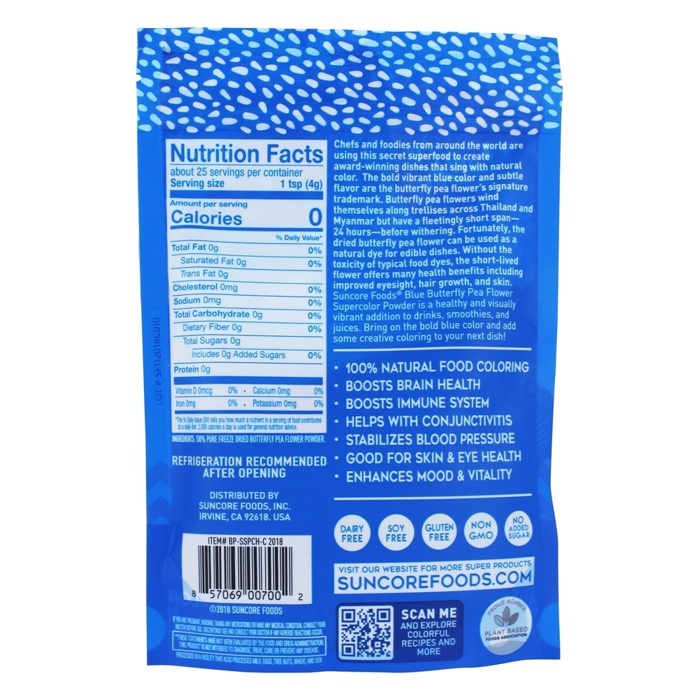 Supercolor Superfood Pó De Ervilha Borboleta Azul - 3.5 oz. Suncore Foods - Imagem 2