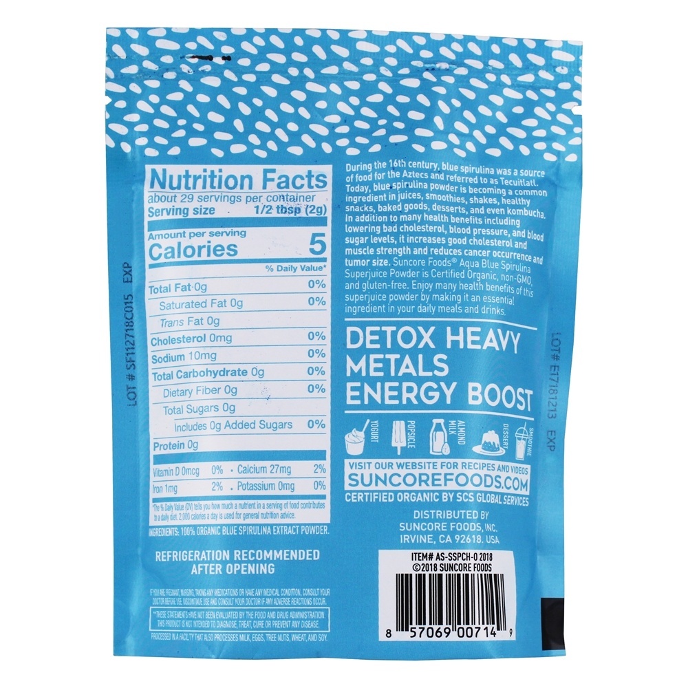 Spirulina azul orgânico do Aqua do pó de Superfood do suco super - 2 oz. Suncore Foods - Imagem 2
