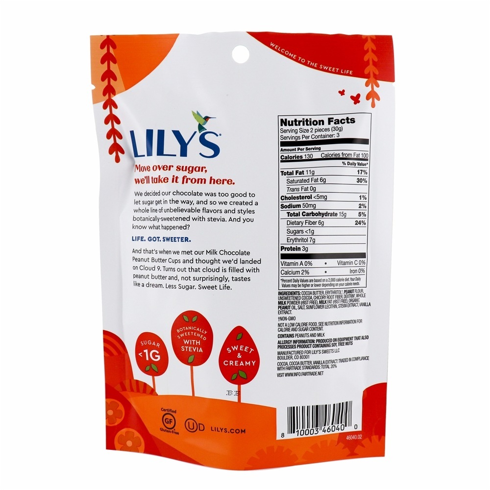 Stevia Sweetened 40 % Cacau Copos De Manteiga De Amendoim Chocolate De Leite - 3.25 oz. Lily's - Imagem 2