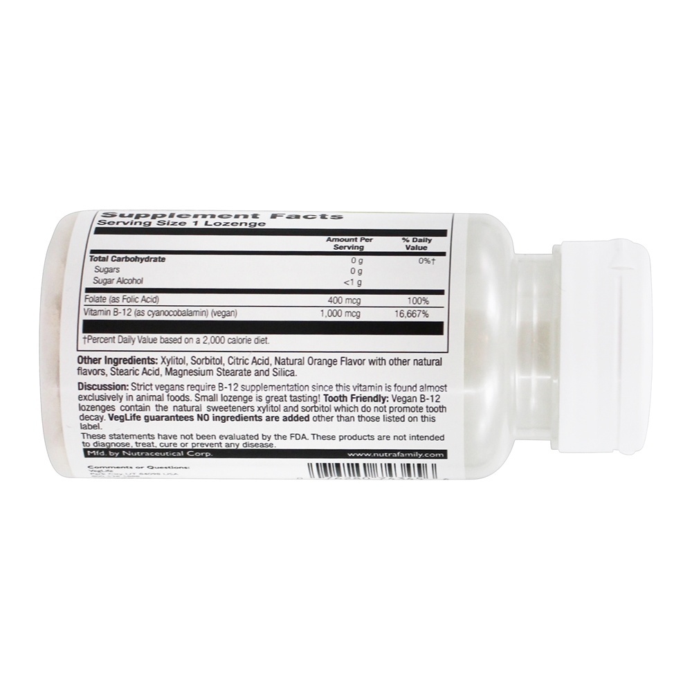 Vegan Vitamina B-12 1000mcg mais Ácido Fólico 400mcg Laranja - 50 Pastilhas VegLife - Imagem 3