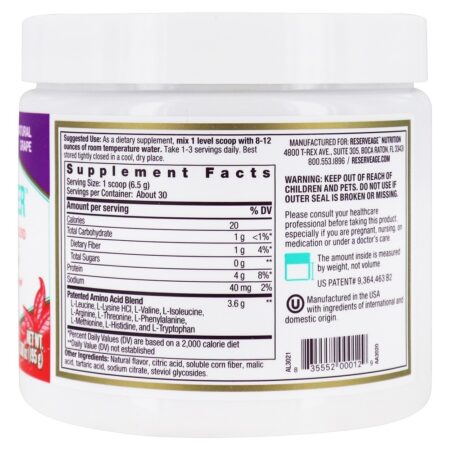 Vegan 9 Builder Patenteado Aminoácidos Essenciais Mistura Pó Natural Uva - 6.88 oz. Reserveage Nutrition - Imagem 2